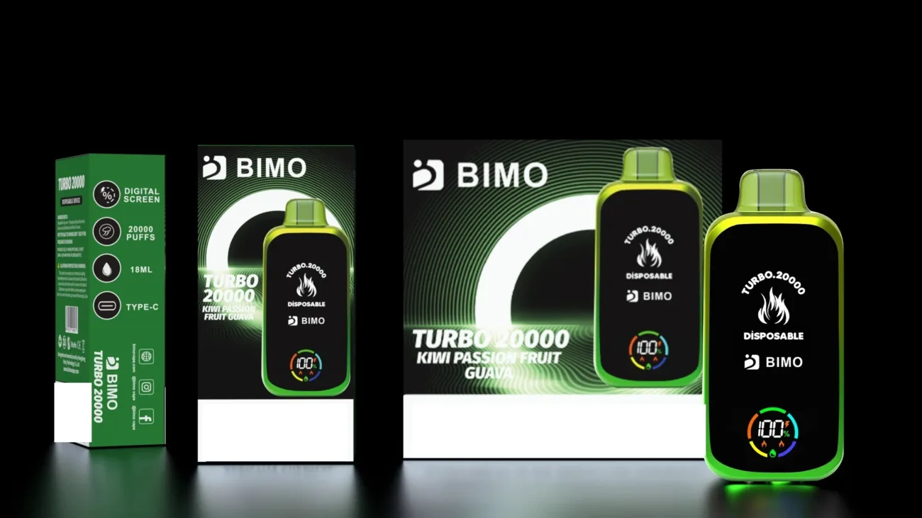 Display of BIMO TURBO 20000 Puffs devices in various aesthetic finishes